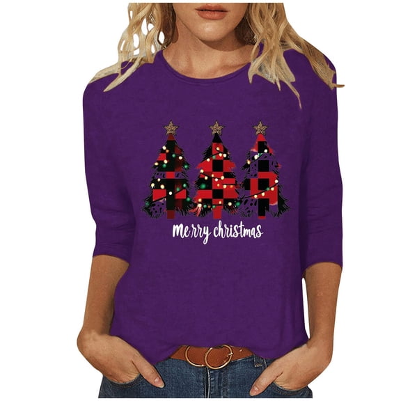 Fashion Fall Saving LiMoi Women's Three Quarter Sleeve Holiday Top Round Neck Christmas Tree Graphic T-Shirt for Women Tees Tshirts Blouse My Items
