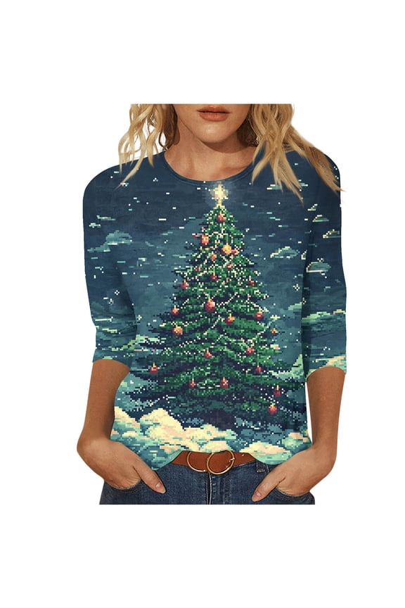 Women's Three Quarter Sleeve Round Neck Top for Christmas with Unique Tree Print Casual Tees Tshirts Shirts and Blouse My Items