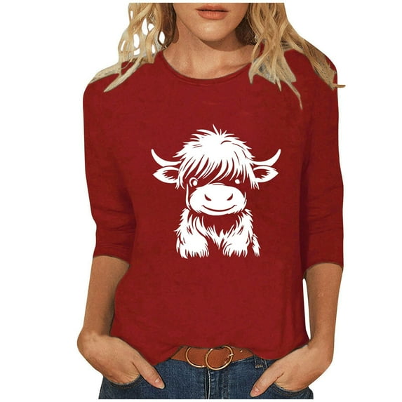 LiMoi Women's Three Quarter Sleeve Round Neck Top for Christmas with Holiday Print Tees Tshirts My Items