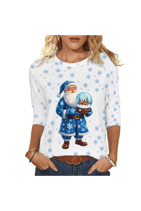 Fashion Fall Saving LiMoi Women's Three Quarter Sleeve Round Neck Top for Xmas with Unique Santa Print Casual Tees Tshirts Shirts and Blouse My Items