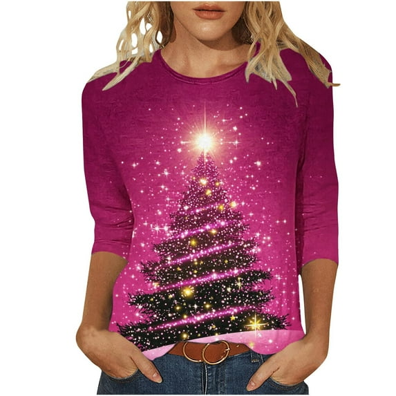 Fashion Fall Saving LiMoi Women's Three Quarter Sleeve Xmas Top 3/4 Sleeve Round Neck Shirt with Holiday Tree Tees Tshirts Blouse My Order My Items