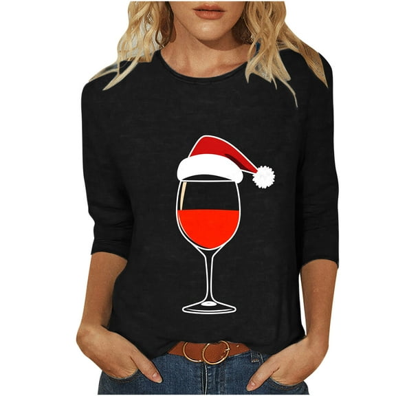 LiMoi Women's Ugly Sweater Style Wine Shirt 3/4 Sleeve Round Neck Festive Top Tees Tshirts Blouse for Christmas My Items