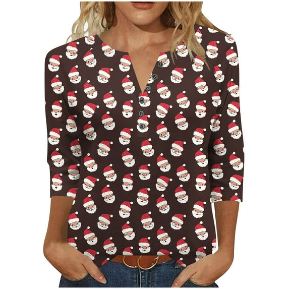 Fashion Fall Saving LiMoi Women's V Neck 3/4 Sleeve Festive Top with Beautiful Christmas Santa Graphic Print Tees Tshirts Shirts Blouse My Items