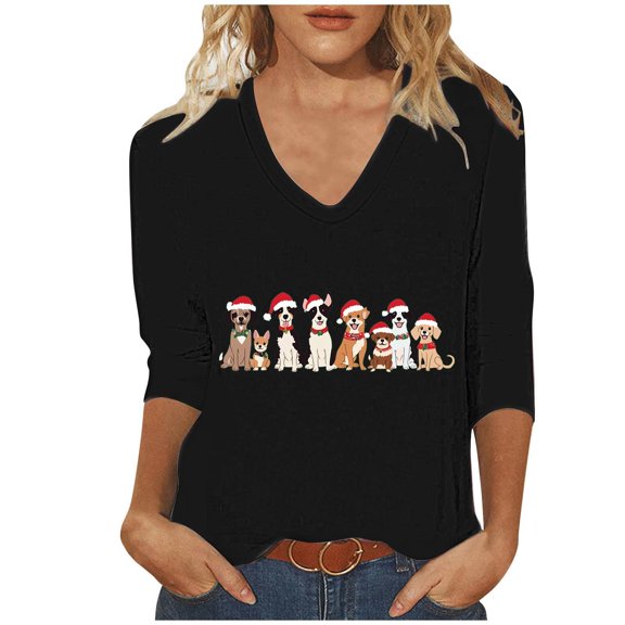 Fashion Fall Saving LiMoi Women's V Neck Christmas Print Three Quarter Sleeve Tees Comfortable Shirt Tops Tshirts Blouse My Items