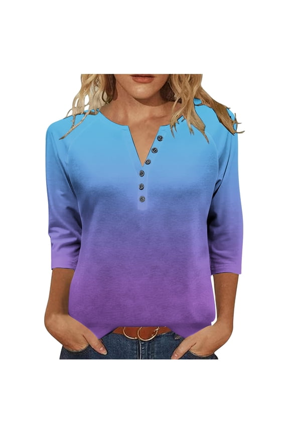 Women's V Neck Ombre Color 3/4 Sleeve Tops Tees Tshirts Shirts Blouse with Gradient Effect for Fashionable Everyday Wear My Items