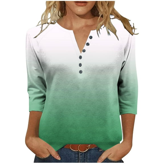 LiMoi Women's V Neck Ombre Color 3/4 Sleeve Tops Tees Tshirts Shirts Blouse with Gradient Effect for Fashionable Everyday Wear My Items