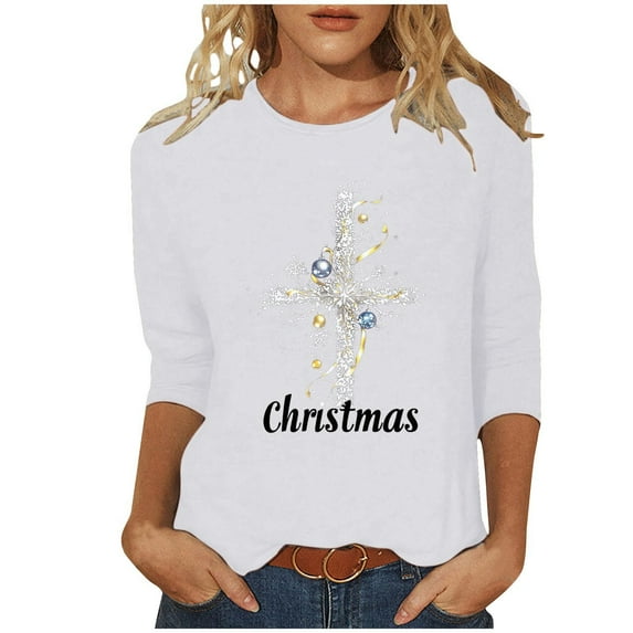 Fashion Fall Saving LiMoi Women's Xmas Greeting Print Shirt 3/4 Sleeve Round Neck Casual and Cheerful Top Tees Tshirts Blouse for Seasonal Style My Items