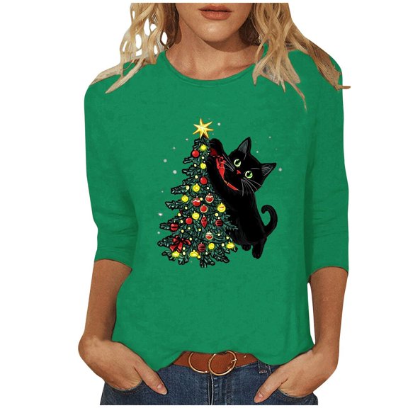 Fashion Fall Saving LiMoi Women's Xmas Season Blouse Three Quarter Sleeve Round Neck Top with Artistic Tree Print Tees Tshirts Shirts My Items