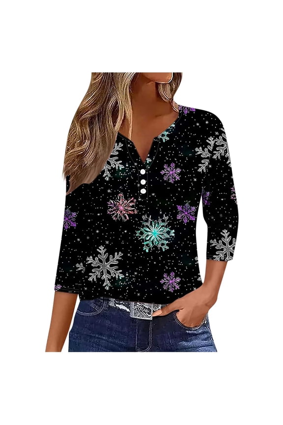 Women's Xmas Snowflake Print 3/4 Sleeve V Neck Casual and Chic Top Tees Tshirts Blouse for Seasonal Style My Items