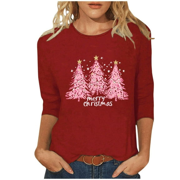 LiMoi Women's Xmas Tops for Women 3/4 Sleeve Round Neck Shirt with Merry Tree Design Tees Tshirts Blouse for Christmas My Items