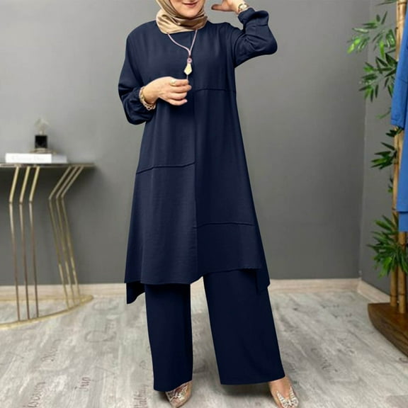 Fashion Outfits Set for Women 2 Piece Sweat Sets for Women Women Spring Solid Color Muslim Solid Color Long Sleeve Shirt Coat Wide Leg Trousers Casual Suit my items out for delivery
