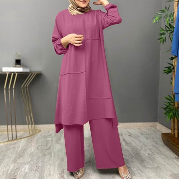 Fashion Outfits Set for Women 2 Piece Sweat Sets for Women Women Spring Solid Color Muslim Solid Color Long Sleeve Shirt Coat Wide Leg Trousers Casual Suit my items out for delivery