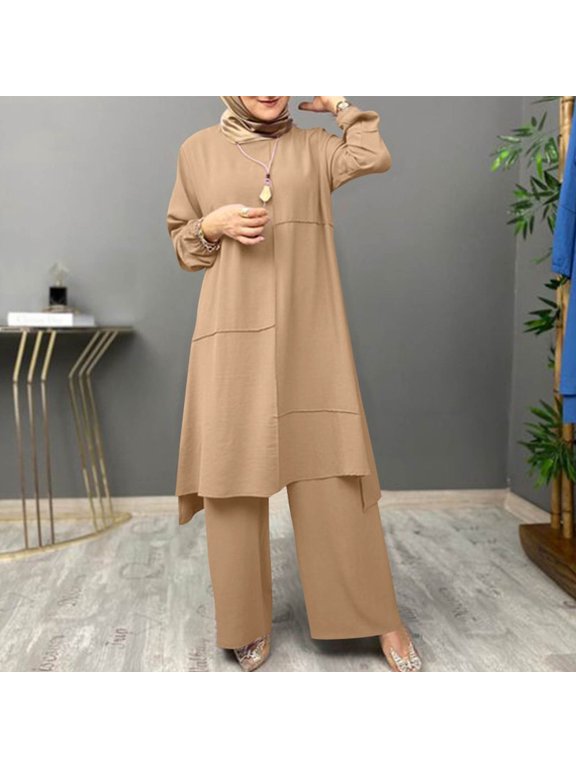 Fashion Outfits Set for Women 2 Piece Sweat Sets for Women Women Spring Solid Color Muslim Solid Color Long Sleeve Shirt Coat Wide Leg Trousers Casual Suit my items out for delivery