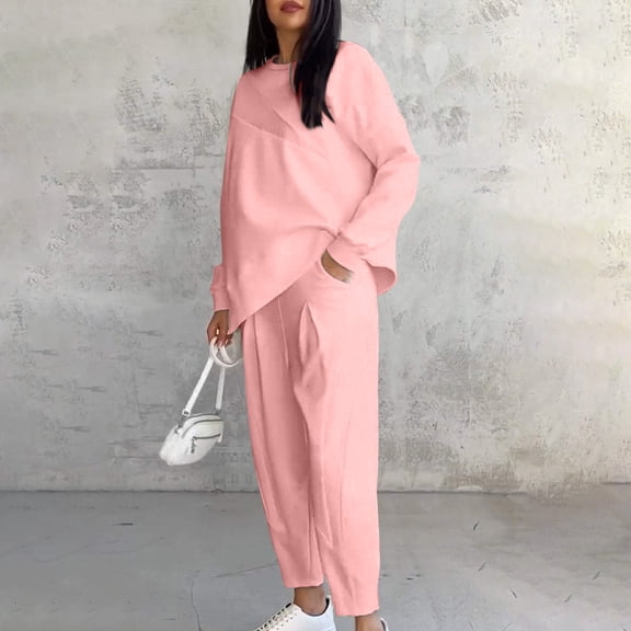 Fashion Outfits Set for Women 2 Piece Winter Outfits for Women Women's Solid Color Casual Round Neck Loose Irregular Long Sleeved Pocket Pants Set my items saved for later