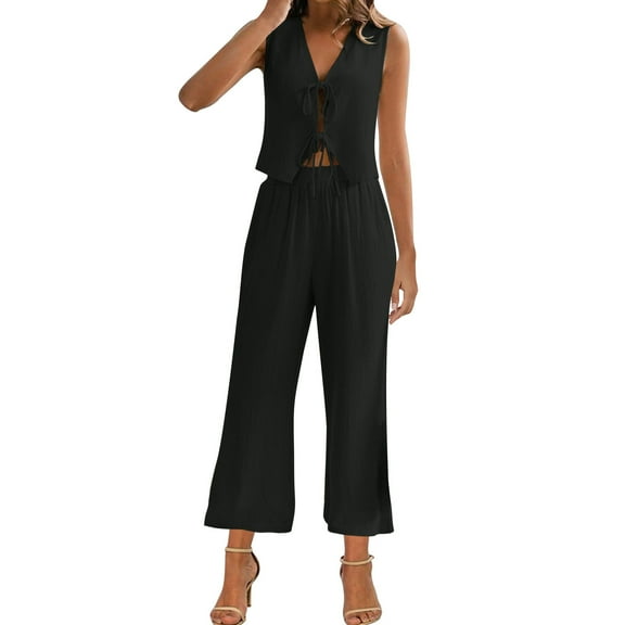 Outfits Set for Women Two Piece Fall Outfits Ladies Spring Summer Solid Color Casual Fashion Sleeveless Lace Up Tank and Pants Set Suits my orders delivery