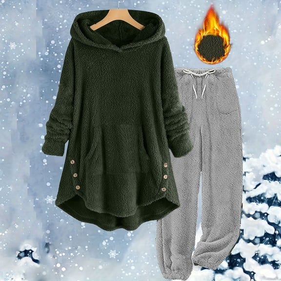 Fashion Fall Saving Outfits Set for Women Winter Fashion Outfits Casual Comfy And Winter And Plush Warm Hoodie 2 piece Set Solid Color Set Long Sleeve Hoodie Set Trending