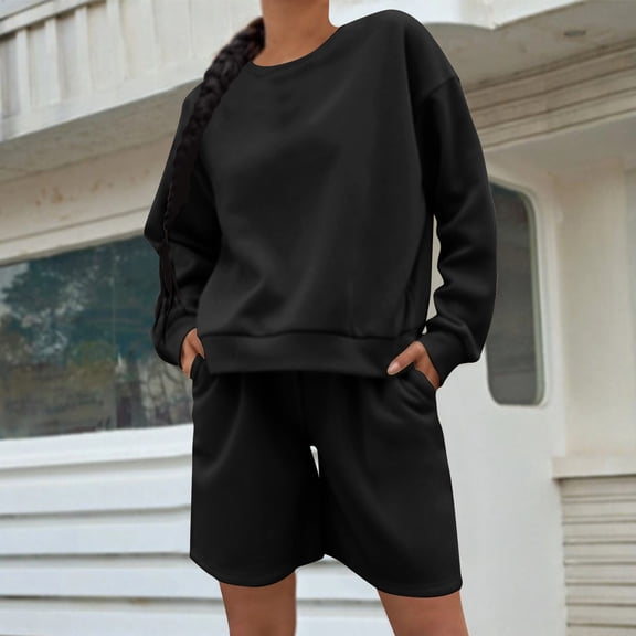 Fashion Fall Saving Outfits Set for Women Women Outfits Fall Women'S Solid Color Casual Crew Neck Long Sleeve Top Shorts With Pocket Suit my orders placed recently