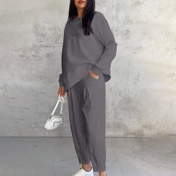 Fashion Fall Saving Outfits Set for Women Women Sweater Sets 2 Piece Outfits Women's Solid Color Casual Round Neck Loose Irregular Long Sleeved Pocket Pants Set my items ordered