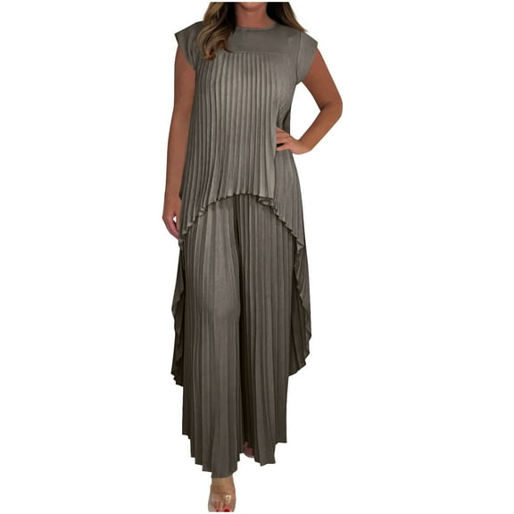 Fashion Fall Saving Outfits Set for Women Women Sweatsuits Women'S Spring And Summer Solid Color Round Neck Short Sleeved Pleated Top And Straight Leg Pants Casual Set my cart items today