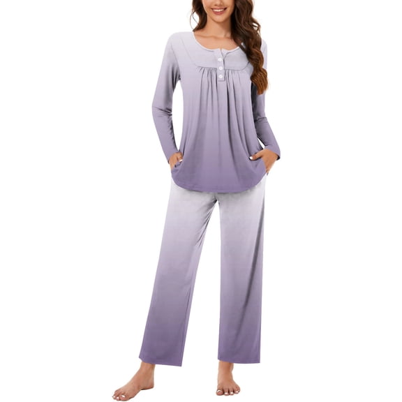 Outfits Set Womens Lounge Sets 2 Piece Outfits Printed Round Neck Button Up Long Sleeve Pants Pajama Set my orders delivery