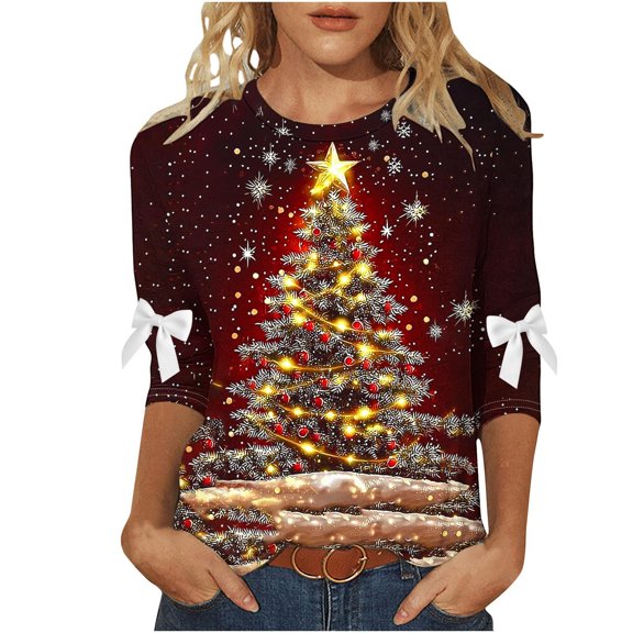 Women's Christmas Tees Three Quarter Sleeve Round Neck Shirt with Fun Xmas Tree Print Tshirts Tops Blouse for Seasonal Style My Items