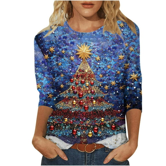 Women's Elegant Christmas Top with Three Quarter Sleeve Round Neck and Glamorous Tree Design Tees Tshirts Shirts Blouse My Items