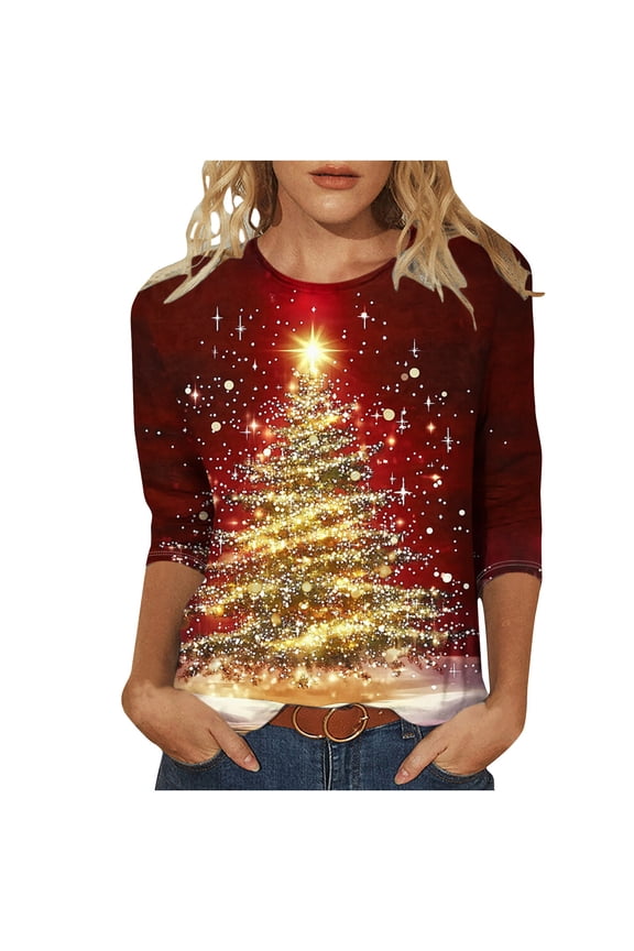 Women's Elegant Holiday Top with Three Quarter Sleeve Round Neck and Glamorous Tree Design Tees Tshirts Shirts Blouse My Items