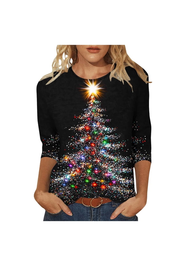 Women's Seasonal Top with Christmas Tree Pattern 3/4 Sleeve Round Neck Comfortable Shirt Tees Tshirts Blouse for Daily Wear My Items