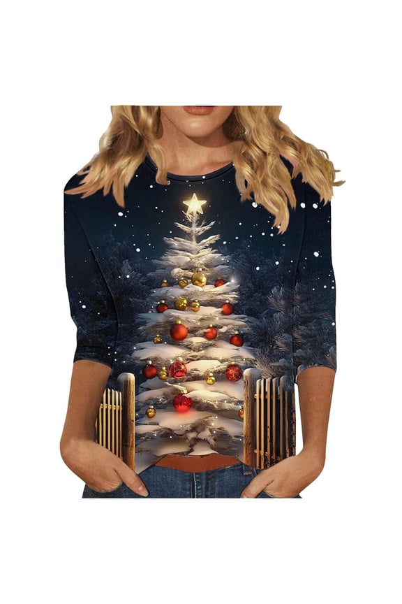 Fashion Fall Saving Women's Shirts Fall Ladies Casual Christmas Printed Shirts Round neck Blouse Three-quarter Sleeve T-shirt Loose Top My Items