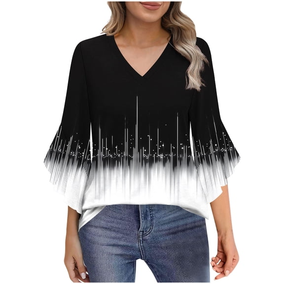 Women's Shirts Casual Printed Blouse Ruffle 3/4 Sleeve Shirt Casual V Neck Spring Tops New Arrivals
