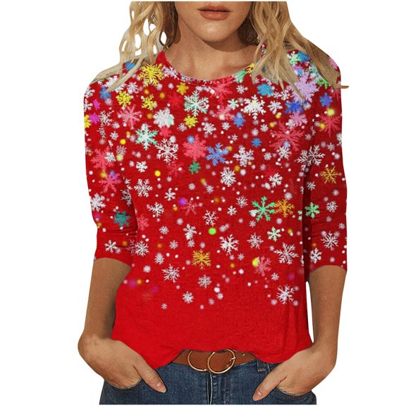 Women's Three Quarter Sleeve Round Neck Top for Christmas with Unique Holiday Print Casual Tees Tshirts Shirts and Blouse My Items