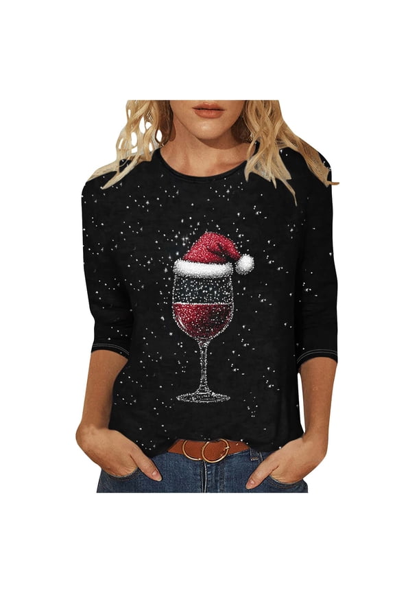 Women's Three Quarter Sleeve Xmas Tees Round Neck Tshirt with Unique Red Wine Glass Design Casual Tops Shirts Blouse My Items