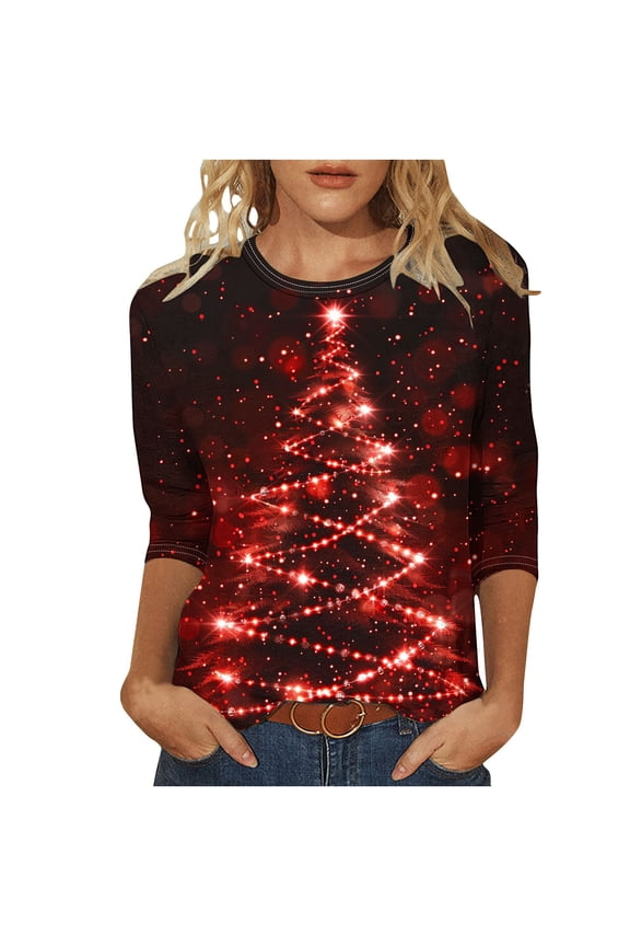 Fashion Fall Saving Women's Xmas Shirt 3/4 Sleeve Round Neck Blouse with All Over Holiday Tree Print Casual Tops Tees Tshirts for Gifting My Items