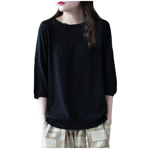 Fashion Fall Saving Womens Shirts Casual Fall Women's Blouse Casual Loose Round Neck Tshirt Three Quarter Sleeve Top Shirts New & Trending