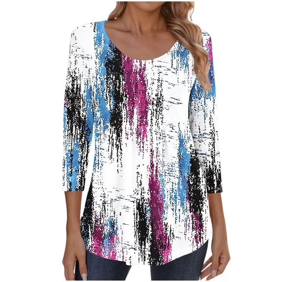 Womens Shirts Fashion Women's Casual Printing Tops Plus Size Round Neck Shirts 3/4 Sleeve T-Shirt Blouse Pleated Tunic Shirt Top My Items