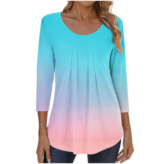 Womens Tops Trendy Fashion Women's Casual Printing Tops Plus Size Round Neck Shirts 3/4 Sleeve T-Shirt Blouse Pleated Tunic Shirt New Arrivals