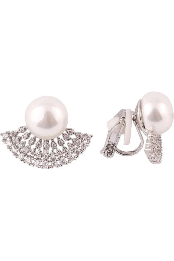 Fashion Fan Shape Pearl AAA Cubic Zircon Clip On Earrings Non Pierced Earrings for Women's Bridesmaids Hypoallergenic Cuff Earrings