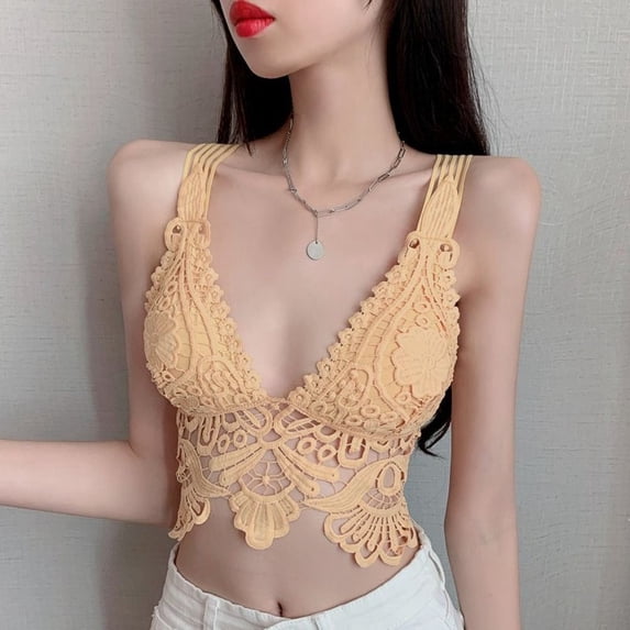 Fashion Fashion Hollow Out Lace Short Soft Strap Crop Top Lingerie Bras Vest Sexy Lace Camisole Hollow Out Camisole YELLOW