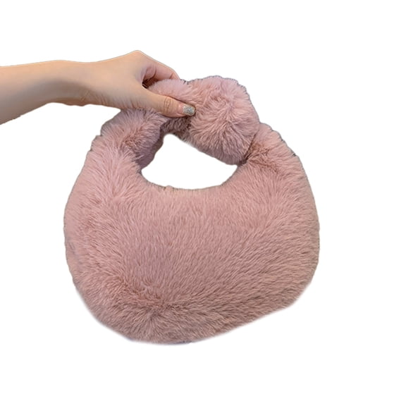 Fashion Faux Furs Shoulder Bag with Tie Zipper Soft Plush Underarm Bags Casual Shoulder Bag Half Purse Bag