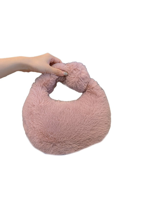 Fashion Faux Furs Shoulder Bag with Tie Zipper Soft Plush Underarm Bags Casual Shoulder Bag Half Purse Bag