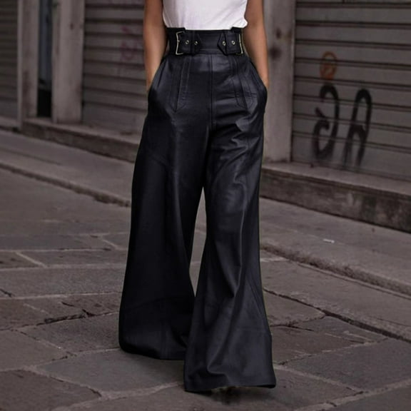 Fashion Faux-Leather Wide Leg Pants (S, Black)