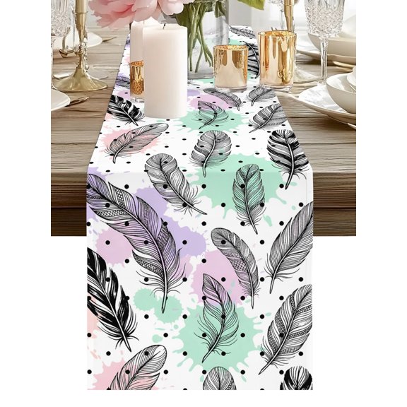 Fashion Feathers Table Runners 36 Inches Long Colorful Watercolor Black Spots Kitchen Dining Table Runner Dresser Scarves for Party Coffee Holiday Party Decor