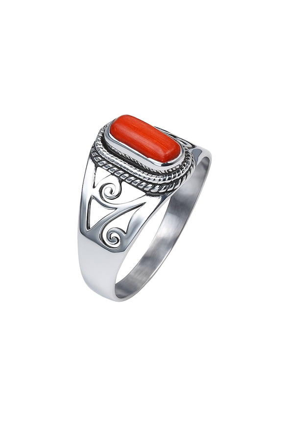 Fashion Finger Ring for Women, 925 Sterling Silver Red Coral Gemstone Jewelry, Ethnic Tribal Gypsy Bohemian Style Fine Tibetan Designer Fashion Boho Ring By Artisans, Size Q1/2