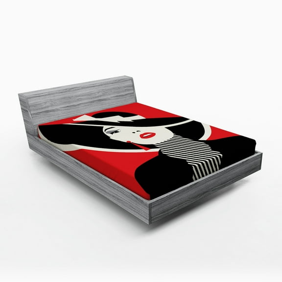 Fashion Fitted Sheet, French Style in Shabby Form Classical Vintage Hat and Striped Coat Design Print, Soft Decorative Fabric Bedding, Queen Size, Black Red, by Ambesonne