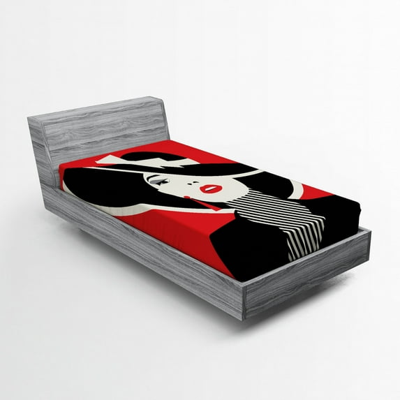 Fashion Fitted Sheet, French Style in Shabby Form Classical Vintage Hat and Striped Coat Design Print, Soft Decorative Fabric Bedding, Twin Size, Black Red, by Ambesonne