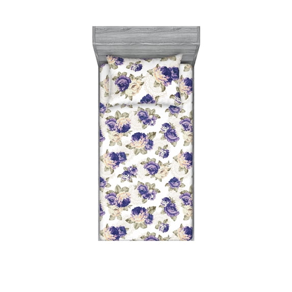 Fashion Fitted Sheet & Pillow Sham Set, Floral Theme Watercolor Style Rose Flowers Art on Plain Back, Decorative Printed 2 Piece Bedding Decor, Twin, Dark Lavender and Slate Brown, by Ambesonne