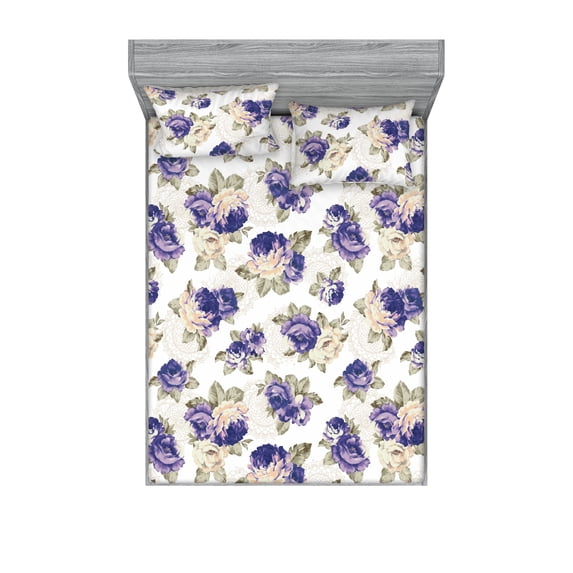 Fashion Fitted Sheet & Pillow Sham Set, Floral Theme Watercolor Style Rose Flowers Art on Plain Back, Decorative Printed 3 Piece Bedding Decor, Full, Dark Lavender and Slate Brown, by Ambesonne