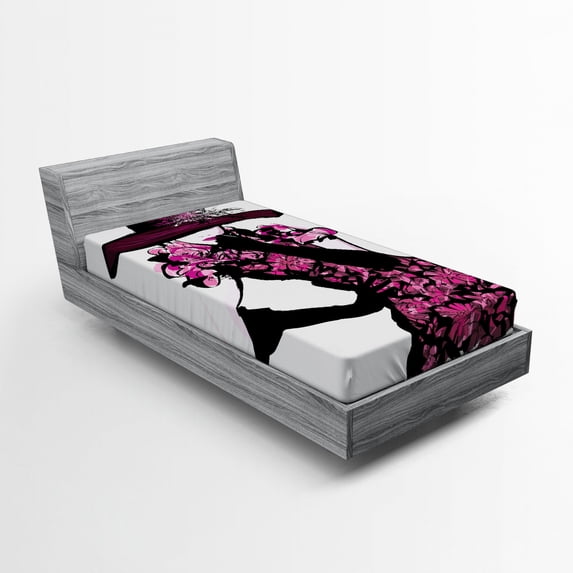 Ambesonne Fashion Fitted Sheet, Woman in Floral Dress, Twin XL Size, Fuchsia Black