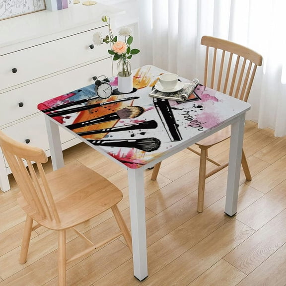 Fashion Fitted Tablecloth Square Elastic Table Cover, Cosmetic and Makeup Pattern Nail Polish Brush for Outdoor Picnics/Travel/Holiday/Party, White Pink Fit for Square Table