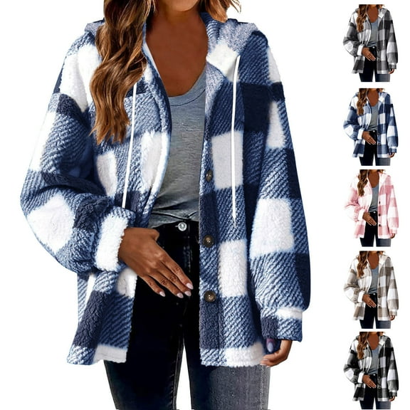 Fashion Flannel Plaid Jackets for Womens Plus Size V-Neck Pullover Long Sleeve Hooded Blouse Sweatshirt